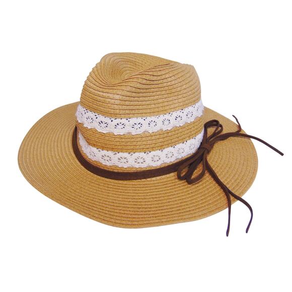 NEW Panama Straw HAT Leather & Lace Braided Khaki Sun Beach Garden Hat D&Y - Picture 1 of 5